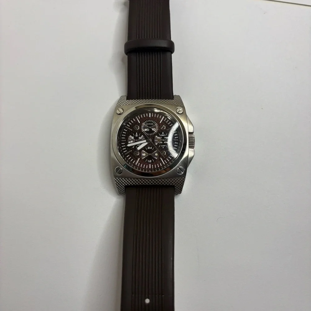 Guess Steel Men’s Multifunction Watch Brown Dial Rubber Strap